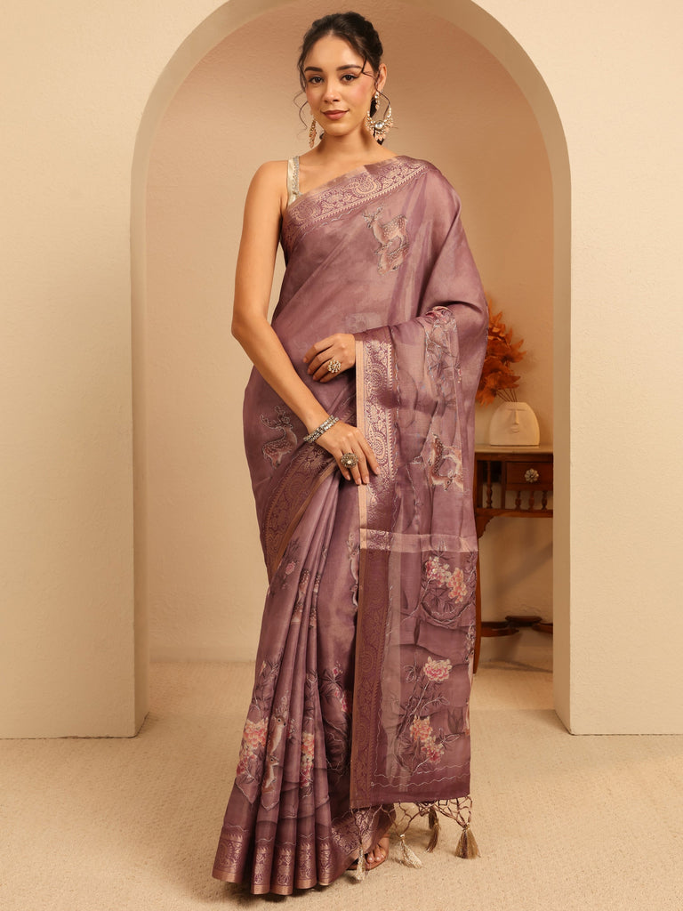 Libas Mauve Floral Printed Silk Blend Saree