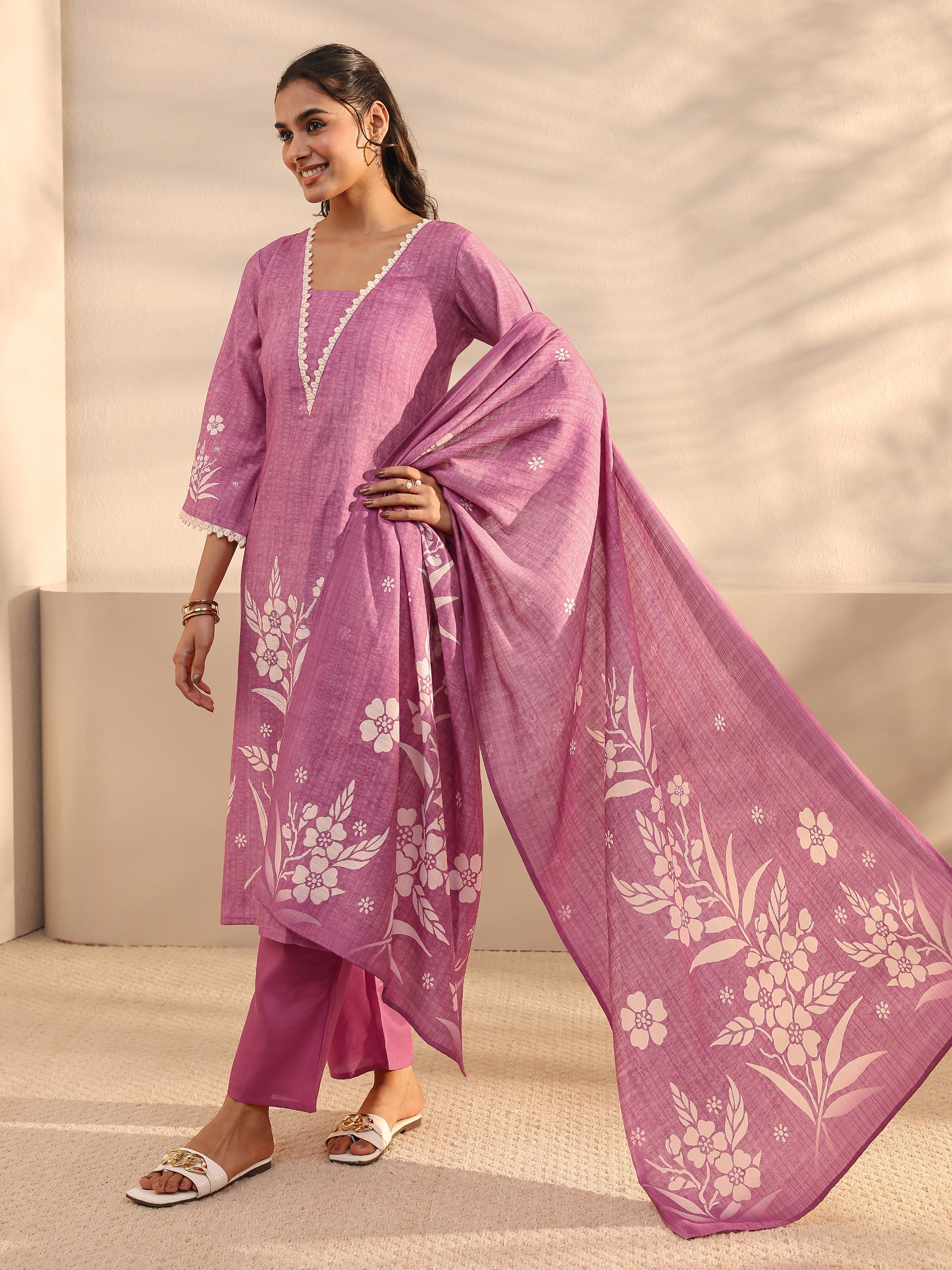 Mauve Floral Printed Silk Blend Straight Suit Set With Dupatta-image-49