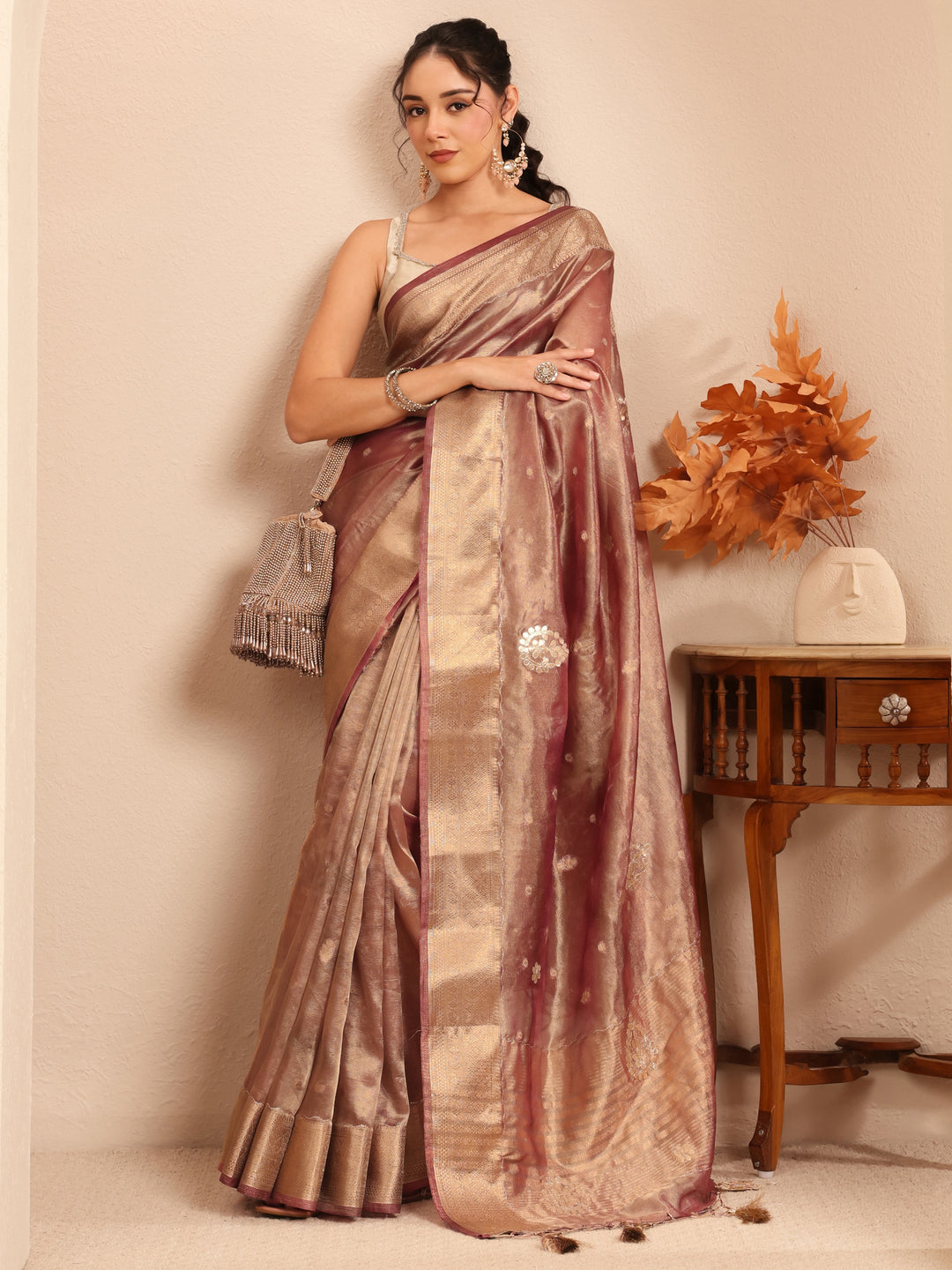  Mauve Floral Woven Design Silk Blend Saree 