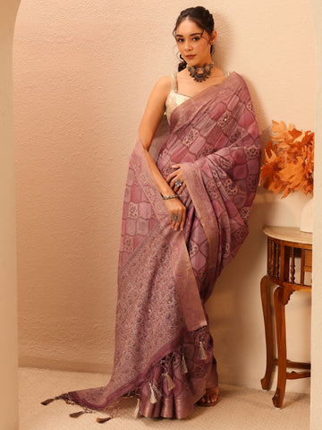 Mauve Geometric Printed Silk Blend Saree
