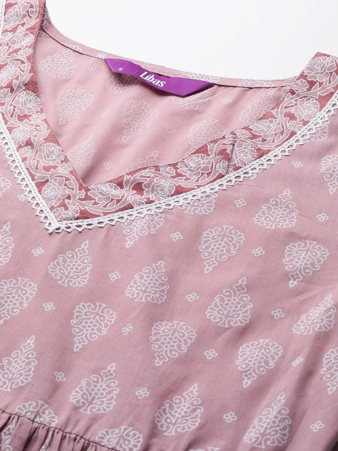 Mauve Printed Cotton A-Line Suit Set With Trousers - Libas 