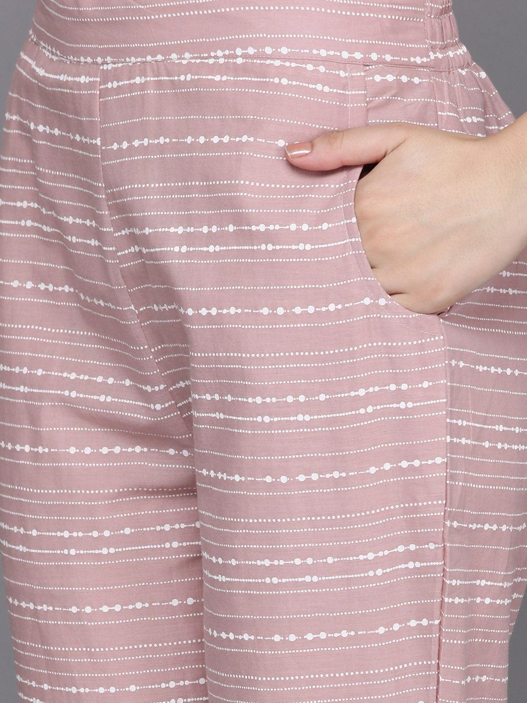 Mauve Printed Cotton A-Line Suit Set With Trousers - Libas