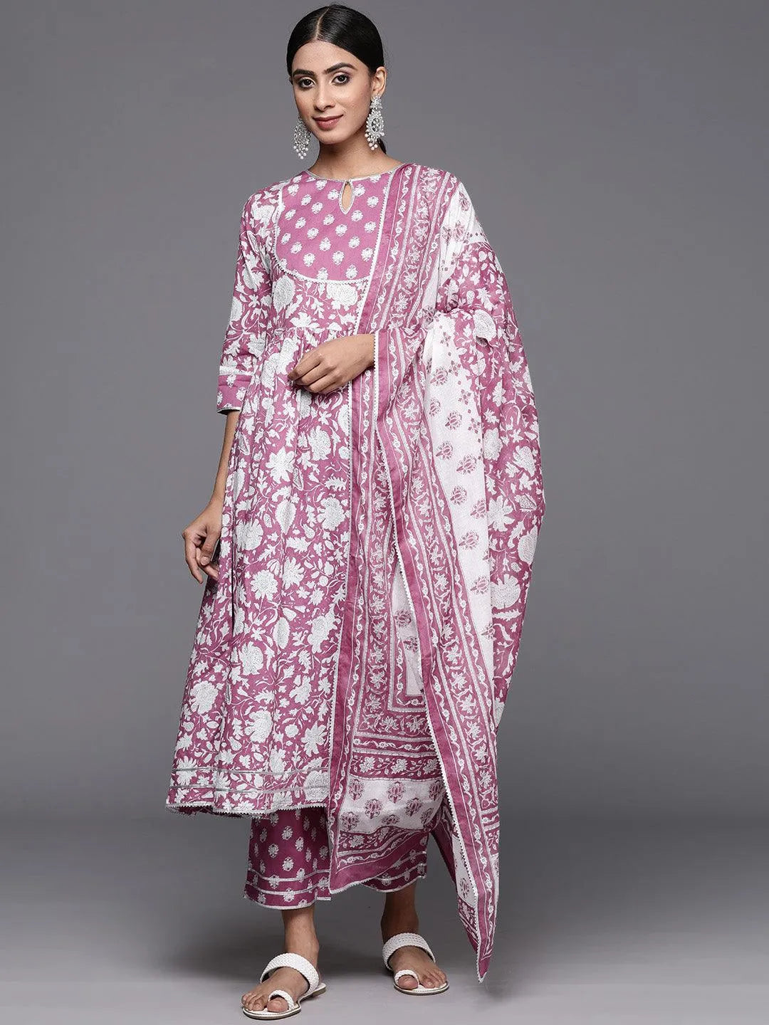 Mauve Printed Cotton Anarkali Kurta With Trousers & Dupatta - Libas 