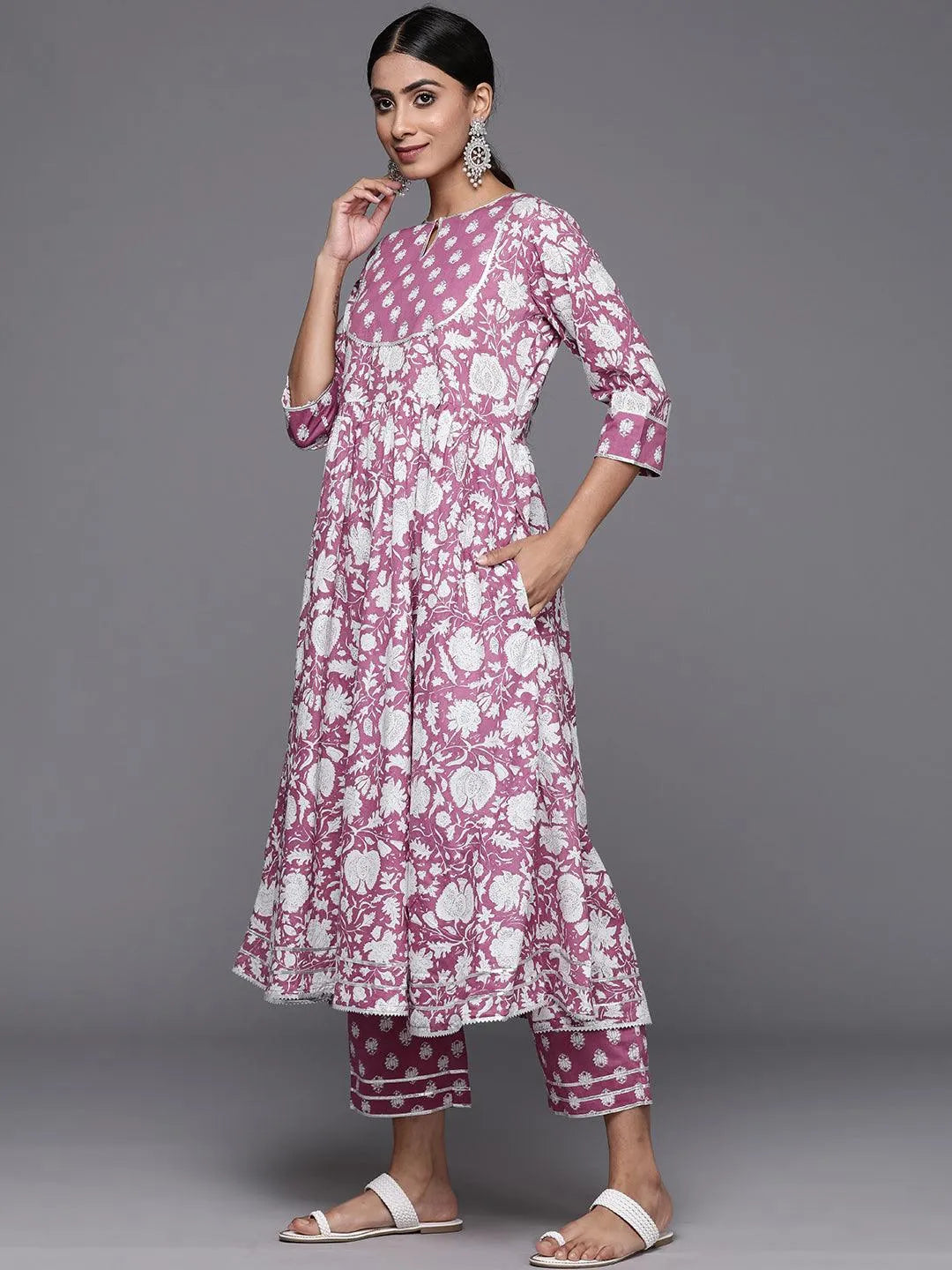 Mauve Printed Cotton Anarkali Kurta With Trousers & Dupatta - Libas 