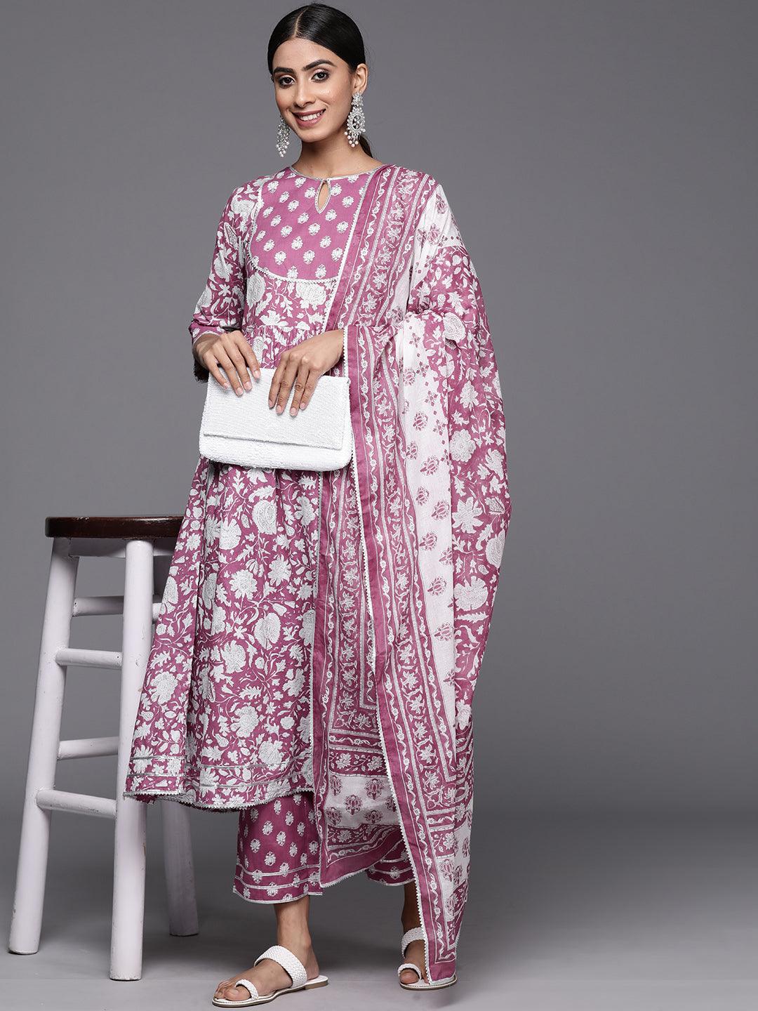 Mauve Printed Cotton Anarkali Kurta With Trousers & Dupatta - Libas