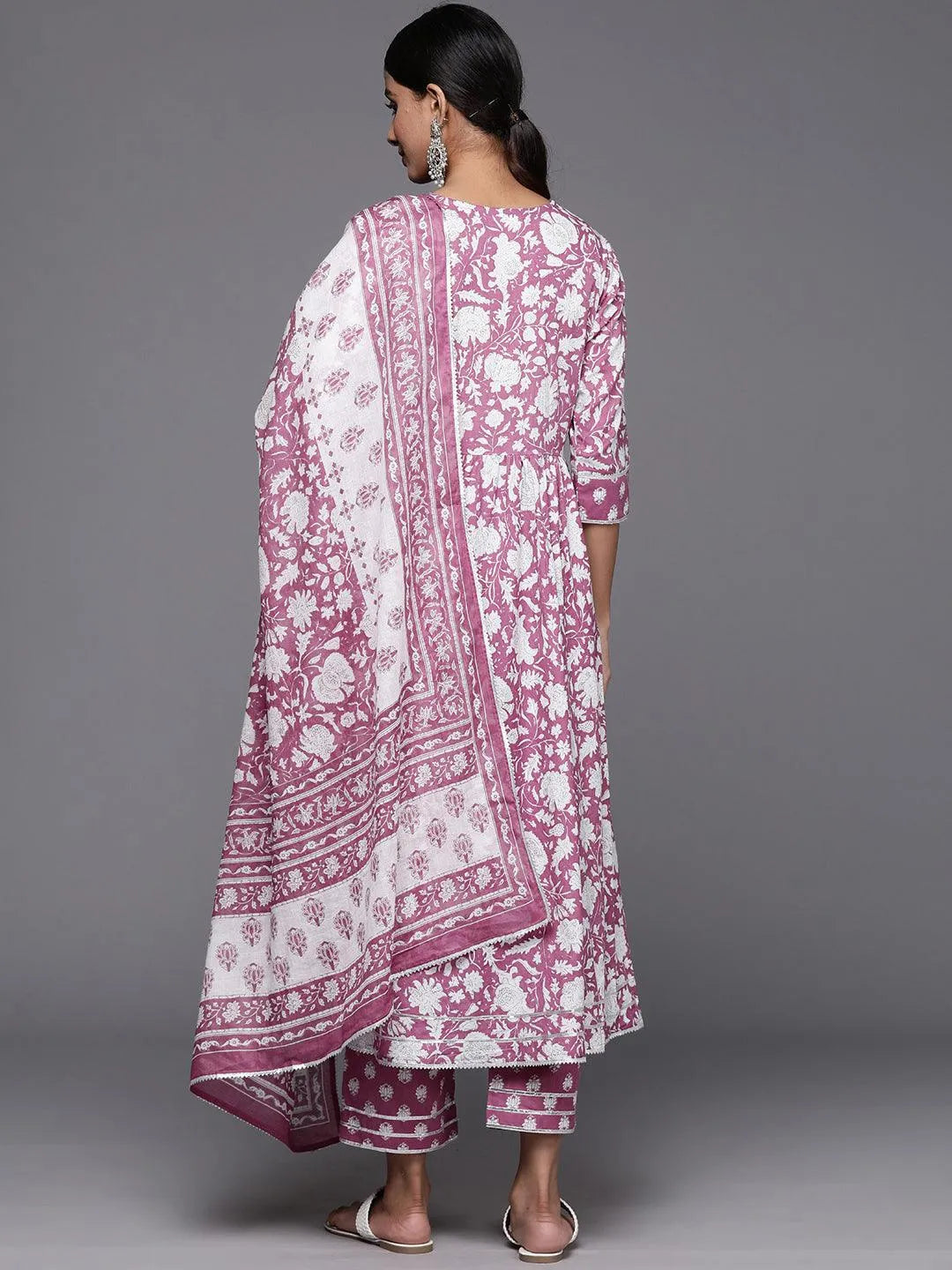 Mauve Printed Cotton Anarkali Kurta With Trousers & Dupatta - Libas 