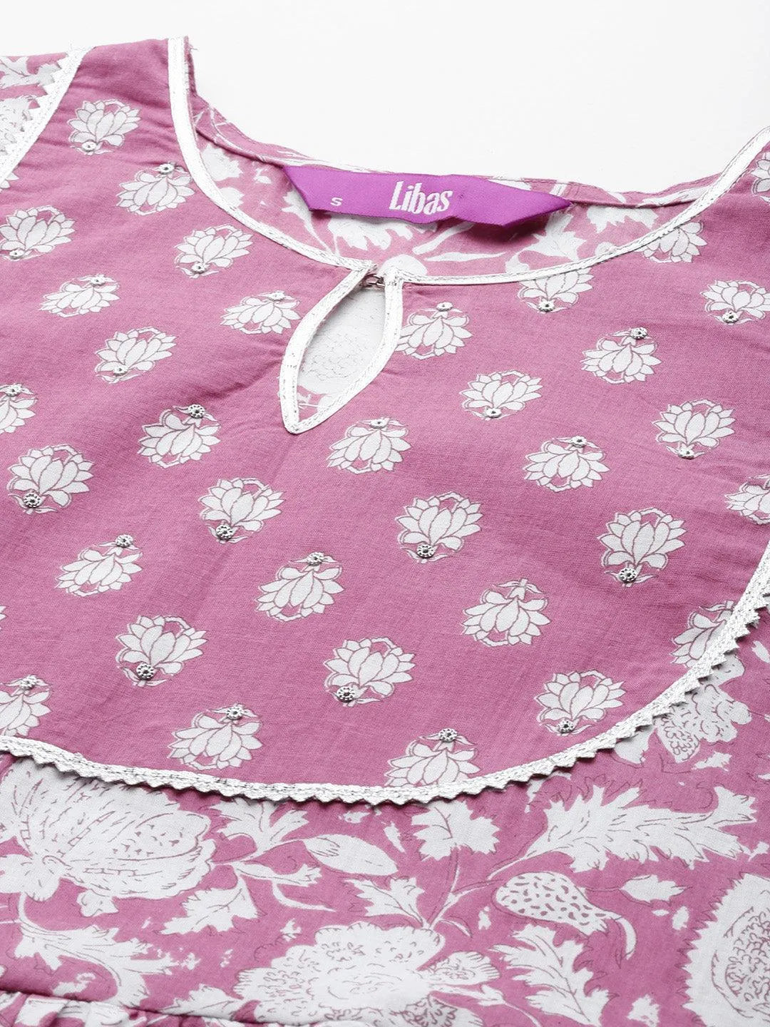 Mauve Printed Cotton Anarkali Kurta With Trousers & Dupatta - Libas 