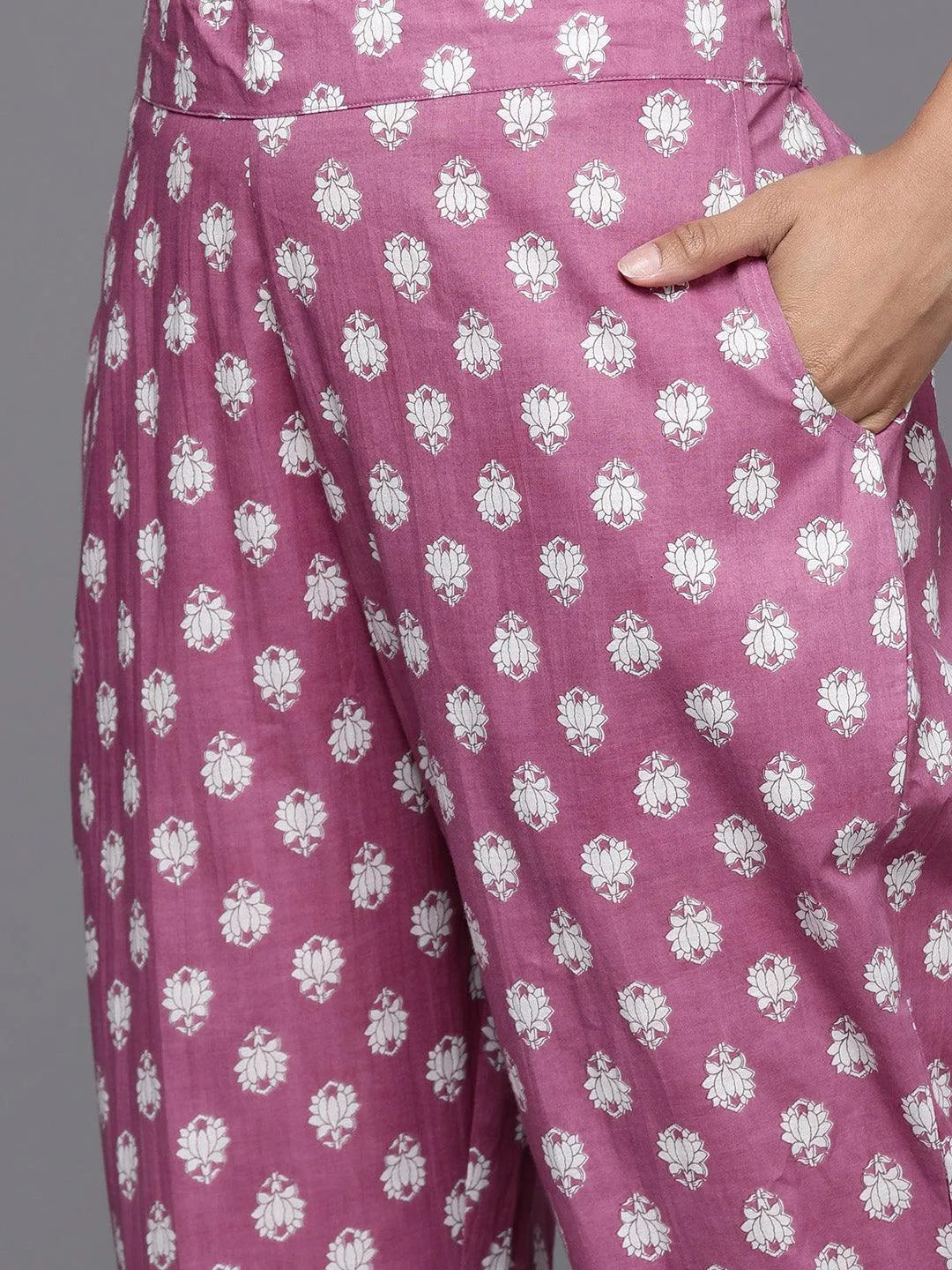 Mauve Printed Cotton Anarkali Kurta With Trousers & Dupatta - Libas 