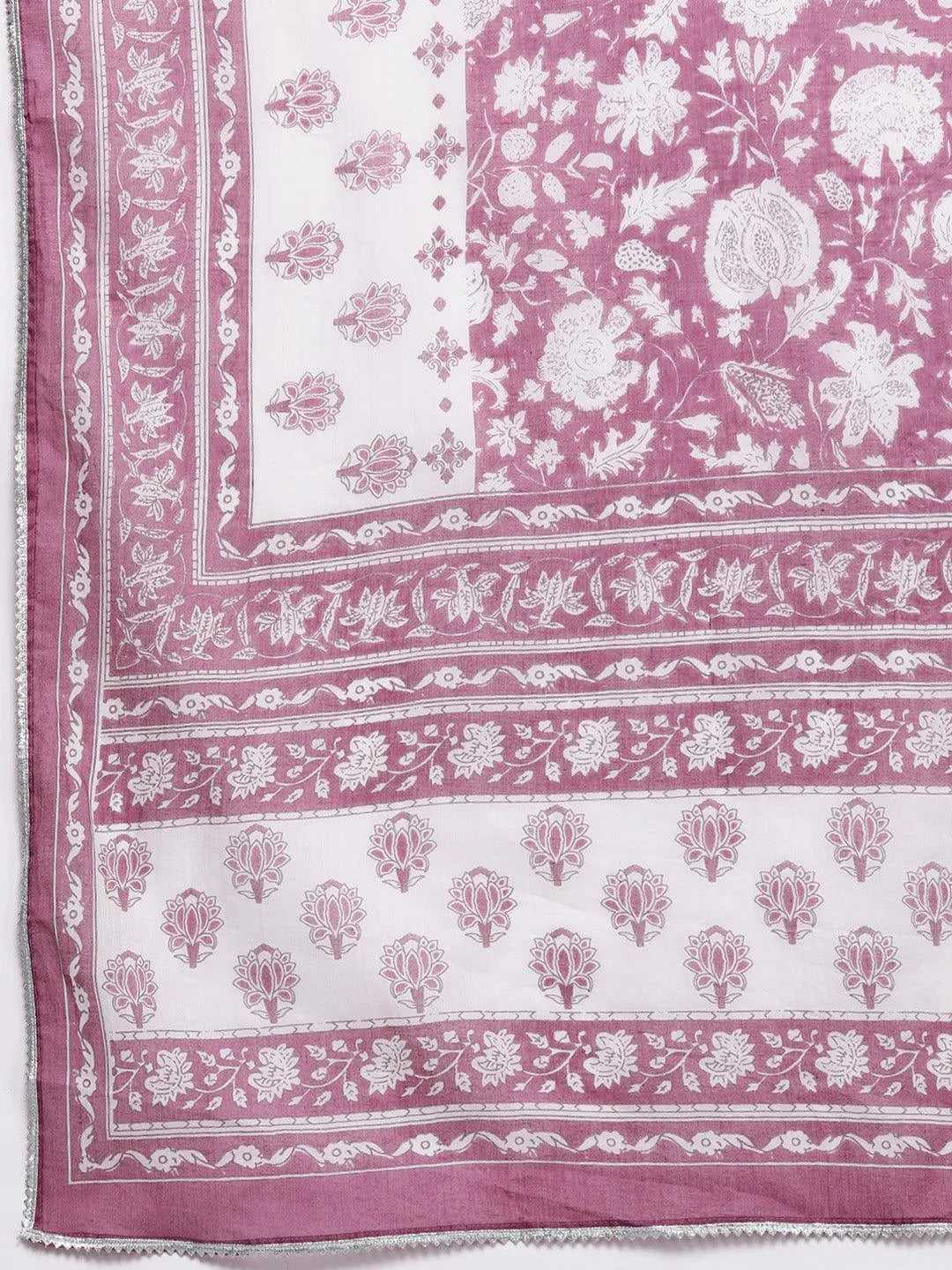 Mauve Printed Cotton Anarkali Kurta With Trousers & Dupatta - Libas 