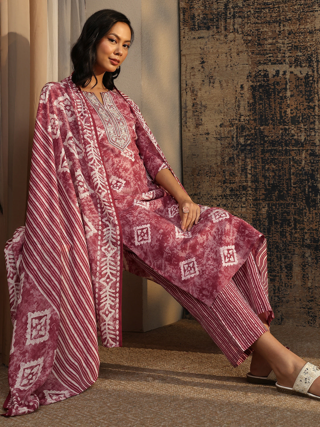 Mauve Printed Cotton Blend Straight Suit Set With Dupatta