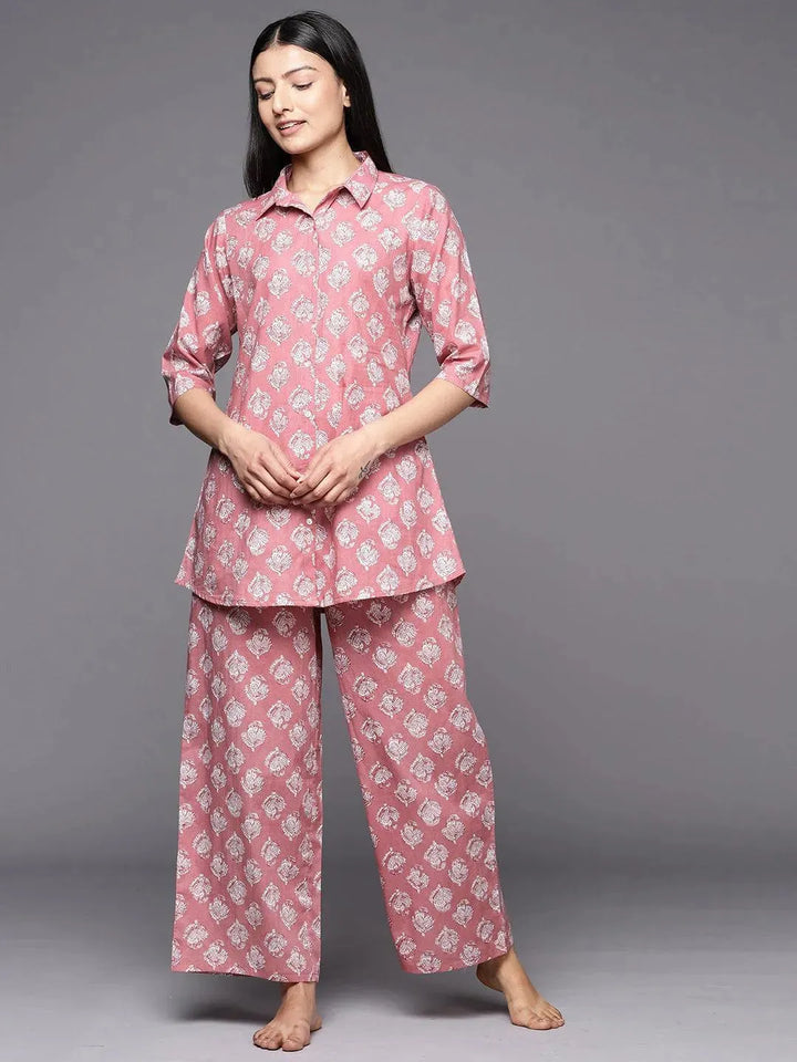 Mauve Printed Cotton Night Suit - Libas