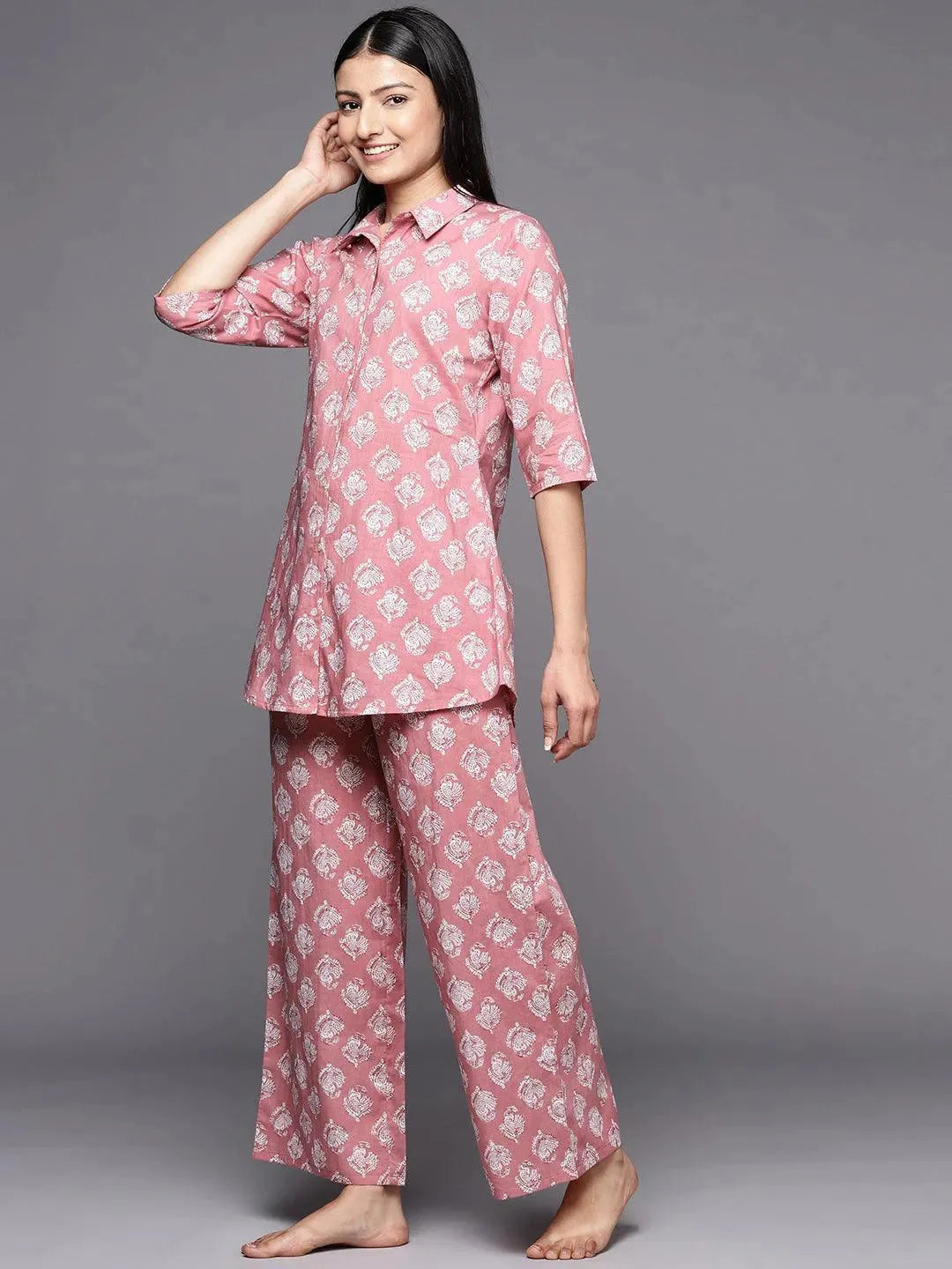 Mauve Printed Cotton Night Suit - Libas 