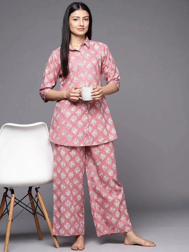 Mauve Printed Cotton Night Suit - Libas