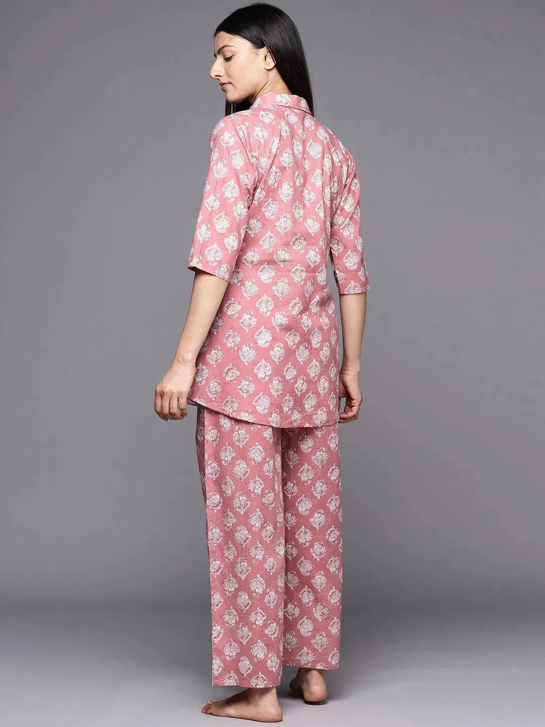 Mauve Printed Cotton Night Suit - Libas 