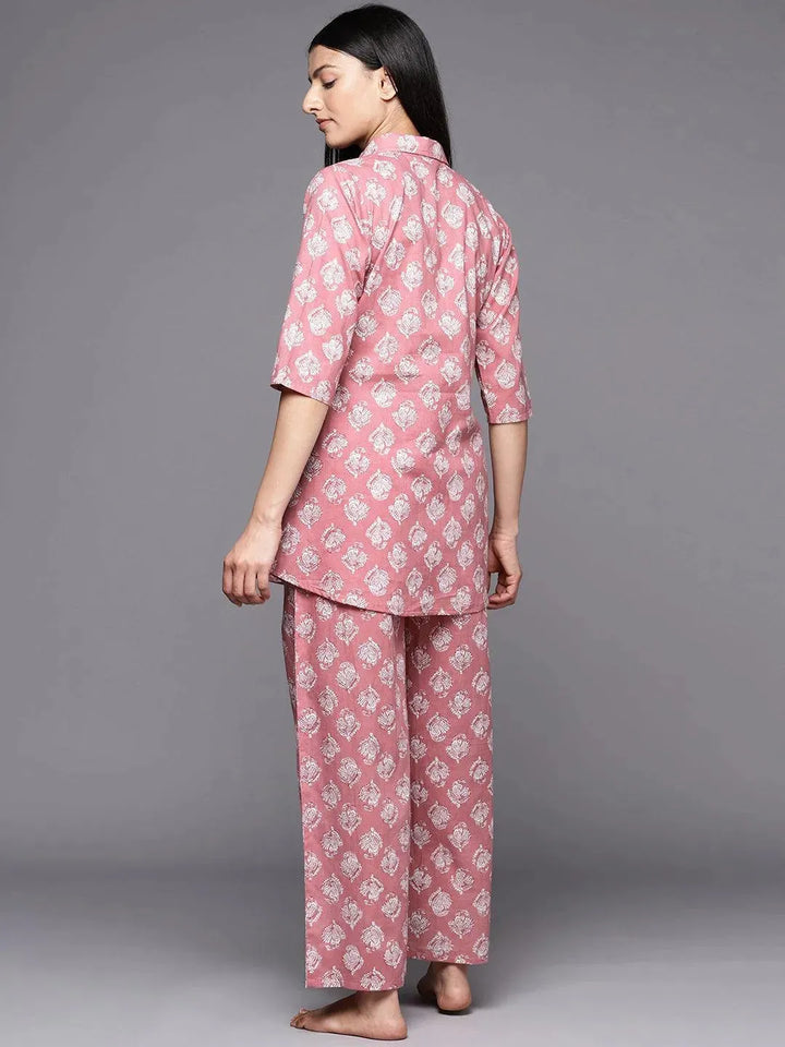 Mauve Printed Cotton Night Suit - Libas