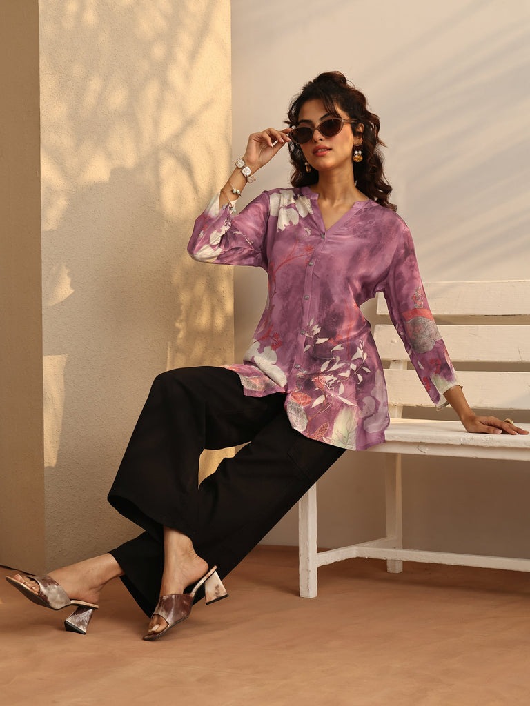 Libas Mauve Printed Crepe Straight Short Kurti