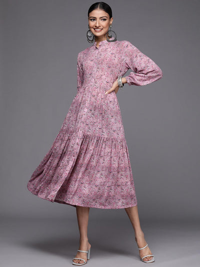Mauve Printed Georgette Fit and Flared Dress - Libas