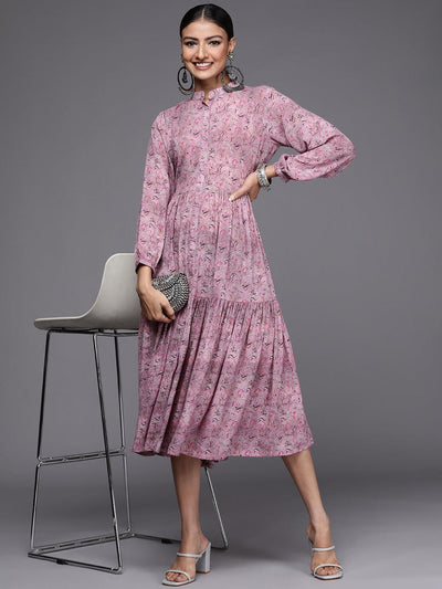 Mauve Printed Georgette Fit and Flared Dress - Libas