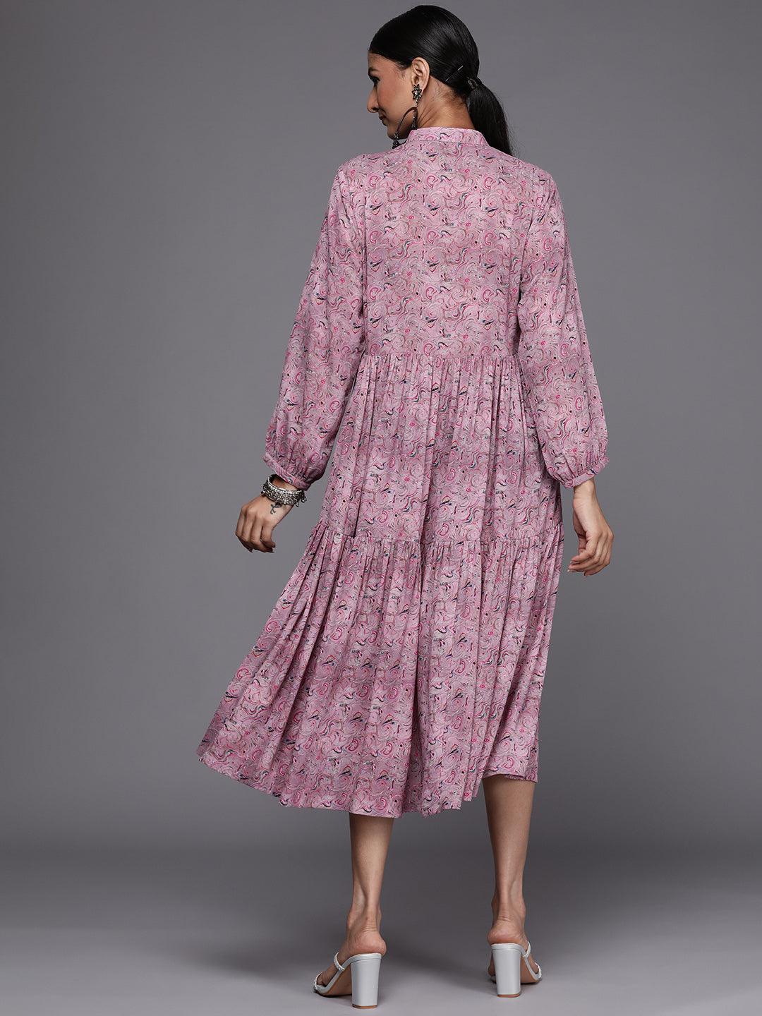 Mauve Printed Georgette Fit and Flared Dress