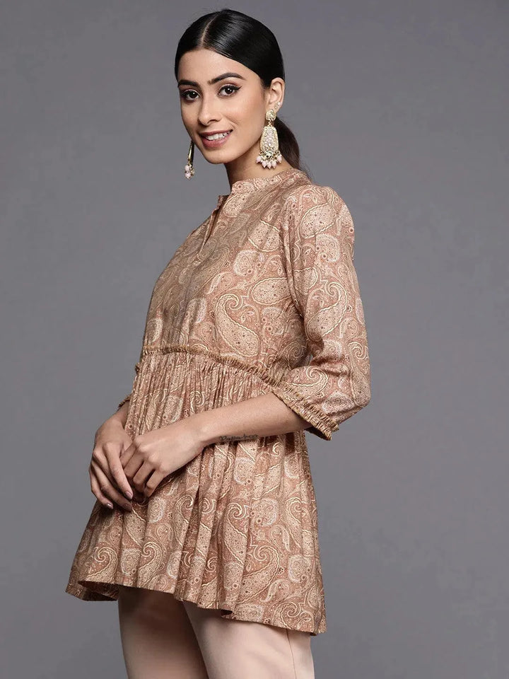 Mauve Printed Silk Blend A-Line Kurti - Libas