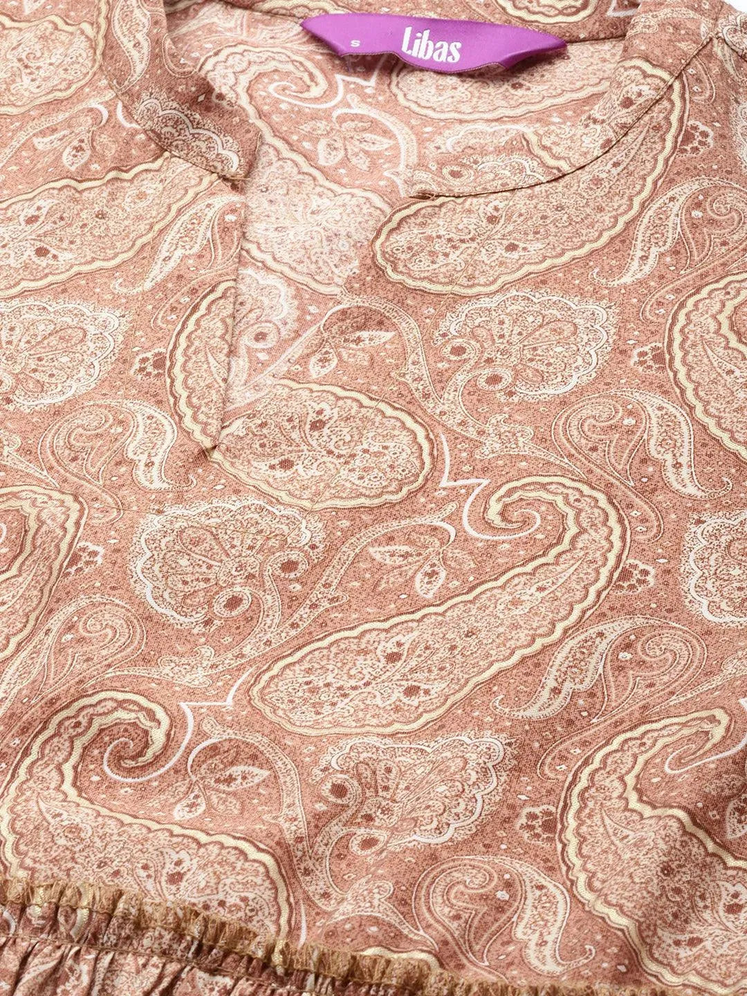 Mauve Printed Silk Blend A-Line Kurti - Libas 