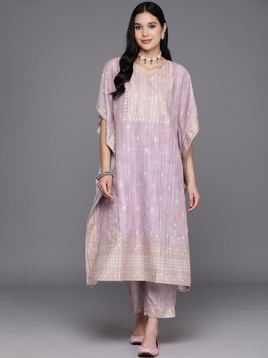 Mauve Printed Silk Blend Kaftan Kaftan With Trousers