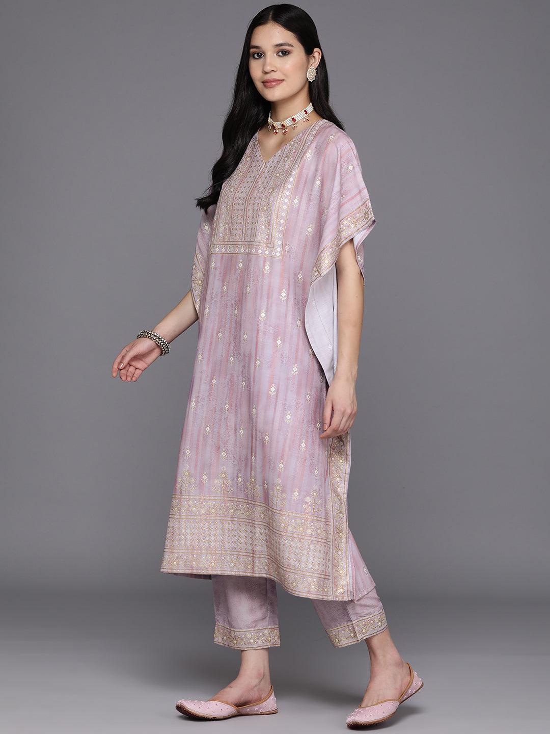 Mauve Printed Silk Blend Kaftan Kaftan With Trousers