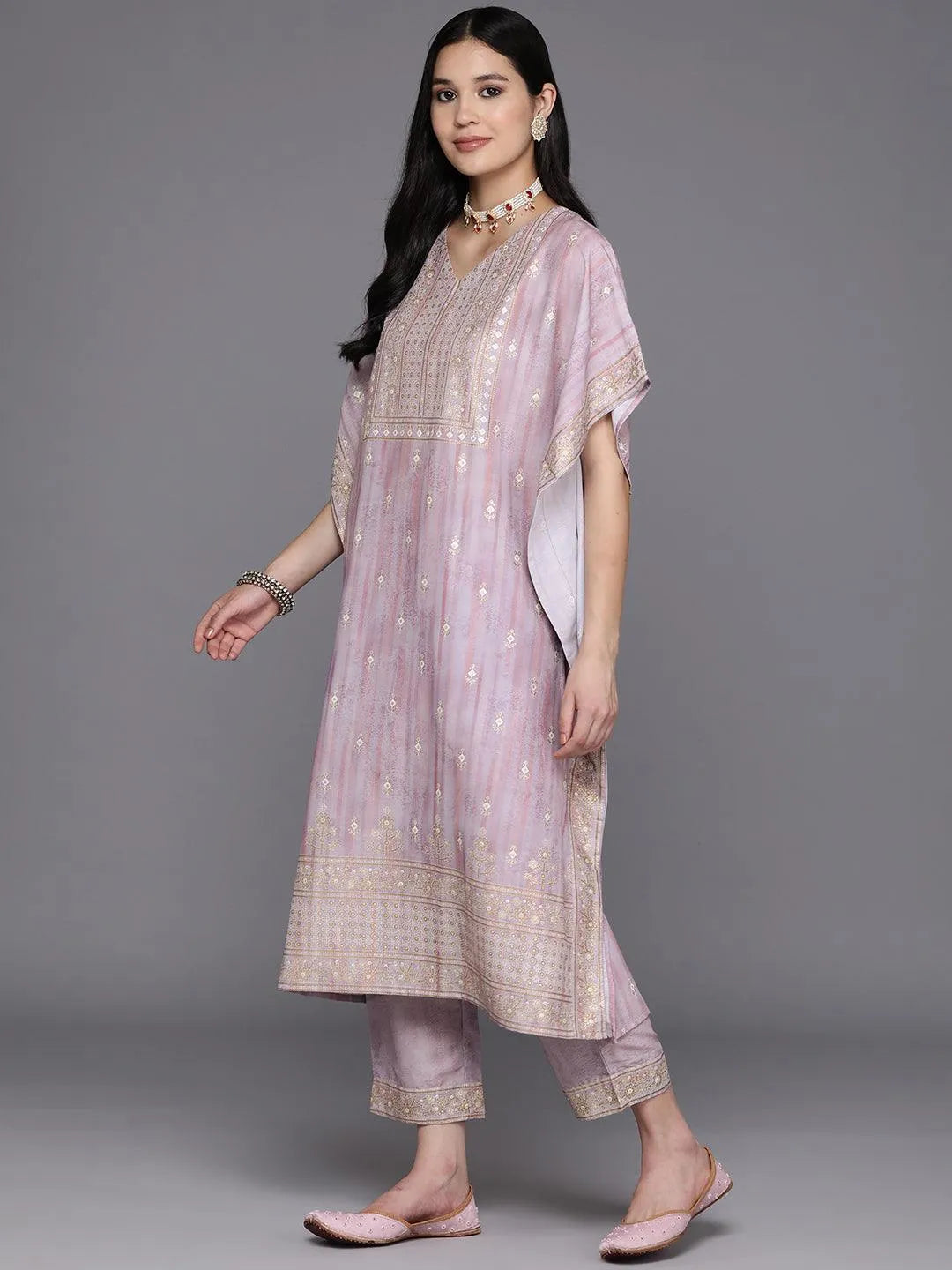 Mauve Printed Silk Blend Kaftan Kurta Set With Trousers - Libas 