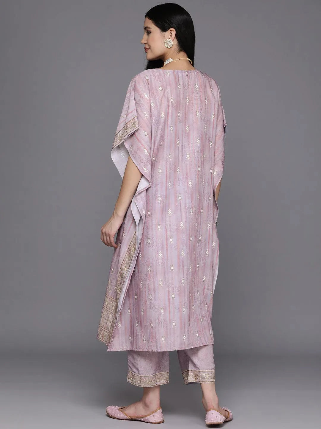 Mauve Printed Silk Blend Kaftan Kurta Set With Trousers - Libas 