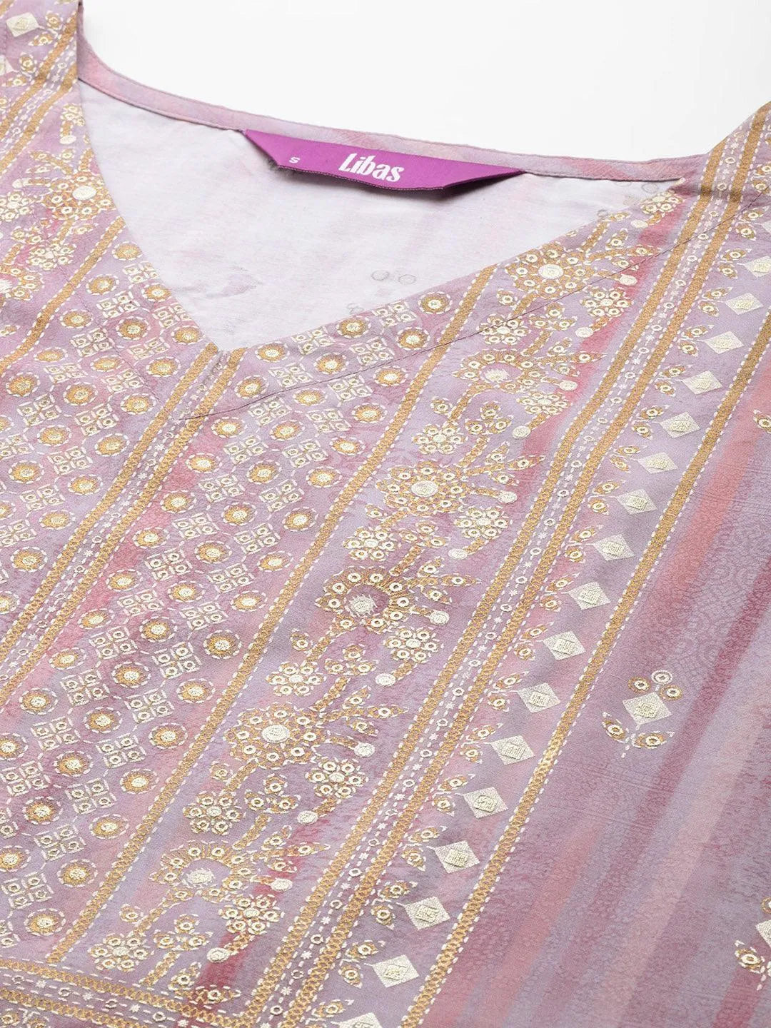 Mauve Printed Silk Blend Kaftan Kurta Set With Trousers - Libas 
