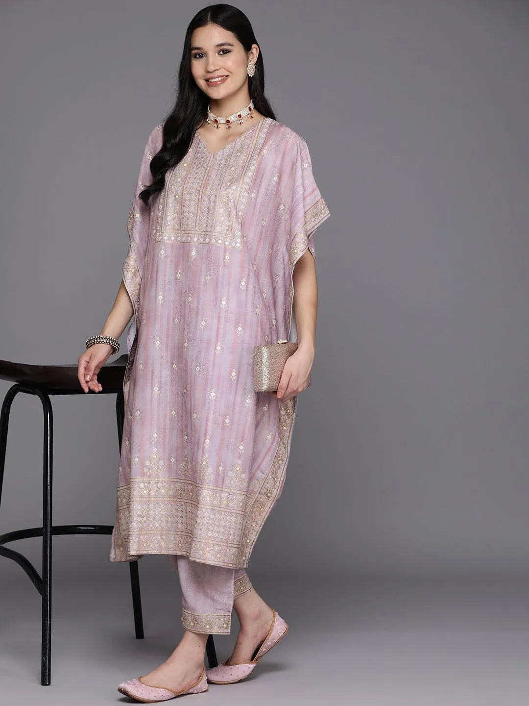 Mauve Printed Silk Blend Kaftan Kurta Set With Trousers - Libas 