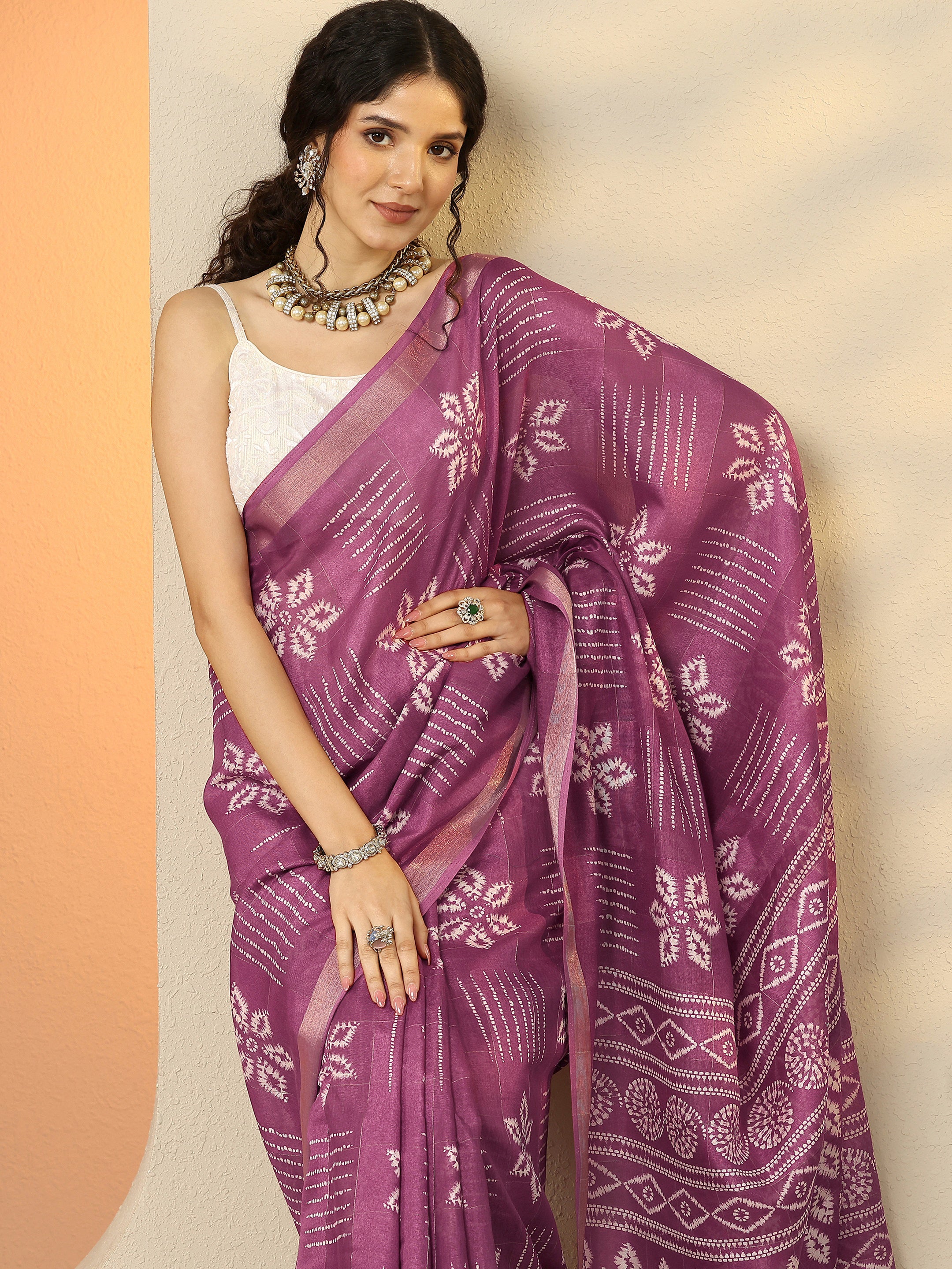 libas Mauve Printed Silk Blend Saree With Unstitched Blouse Piece-picture-57