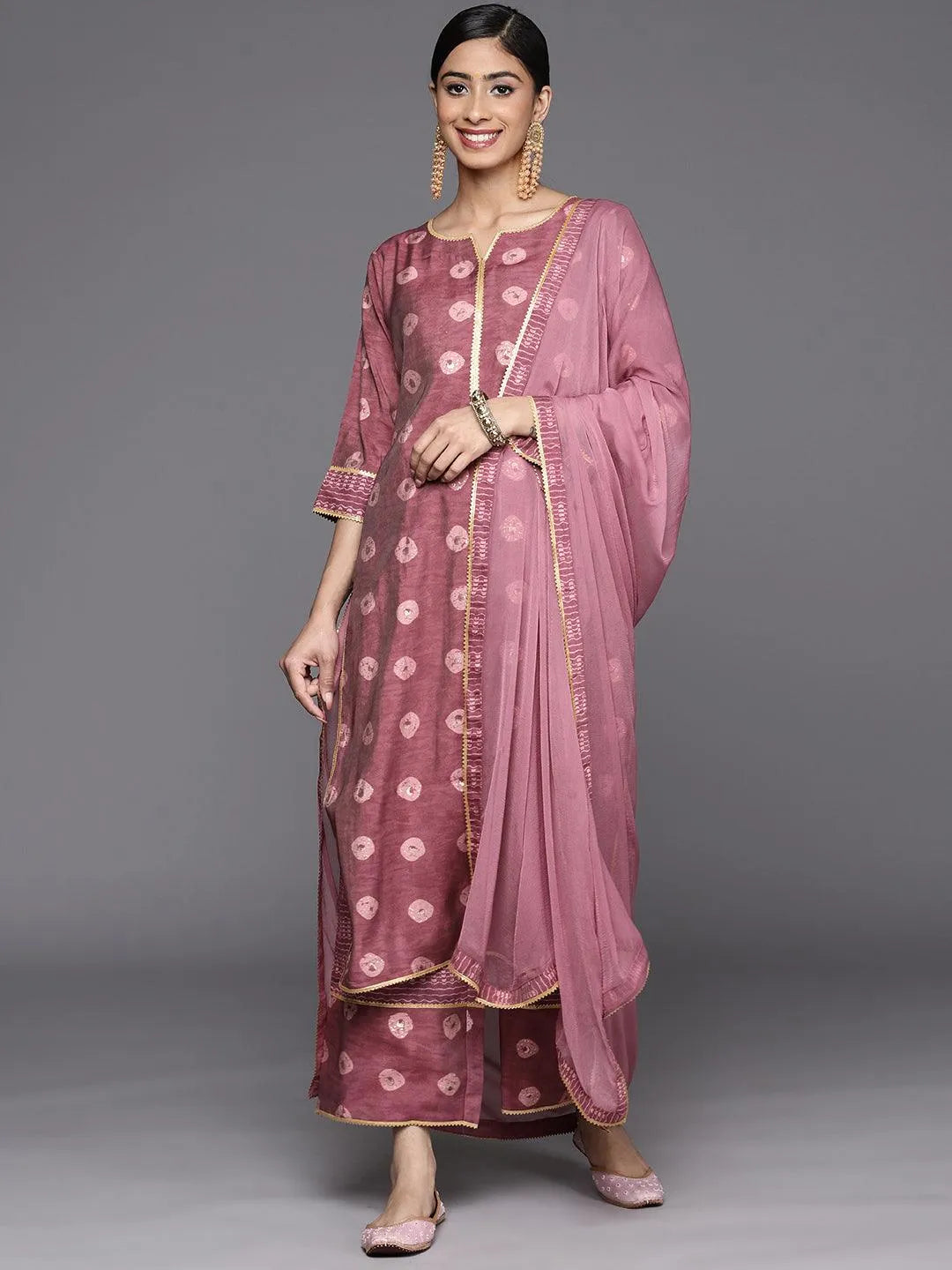 Mauve Printed Silk Blend Straight Suit Set With Palazzos - Libas