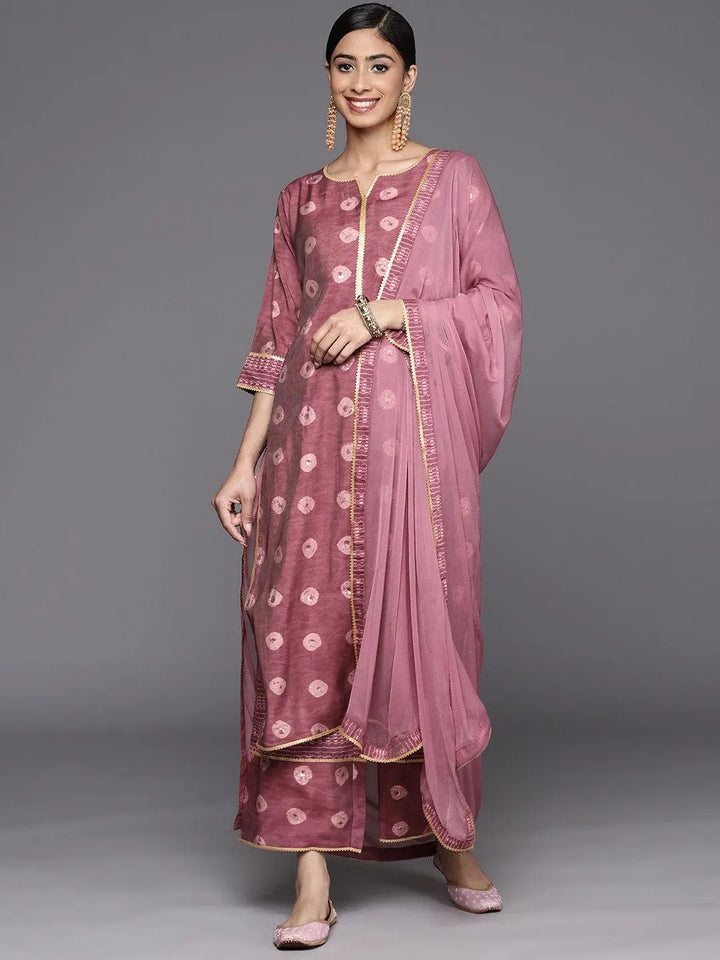 Mauve Printed Silk Blend Straight Suit Set With Palazzos - Libas