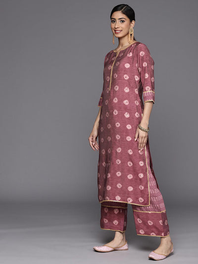 Mauve Printed Silk Blend Straight Suit Set With Palazzos - Libas