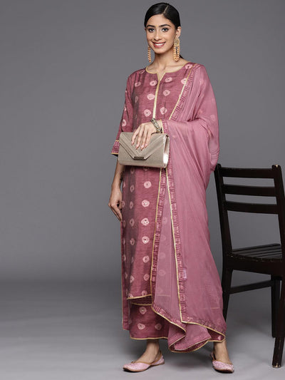 Mauve Printed Silk Blend Straight Suit Set With Palazzos - Libas