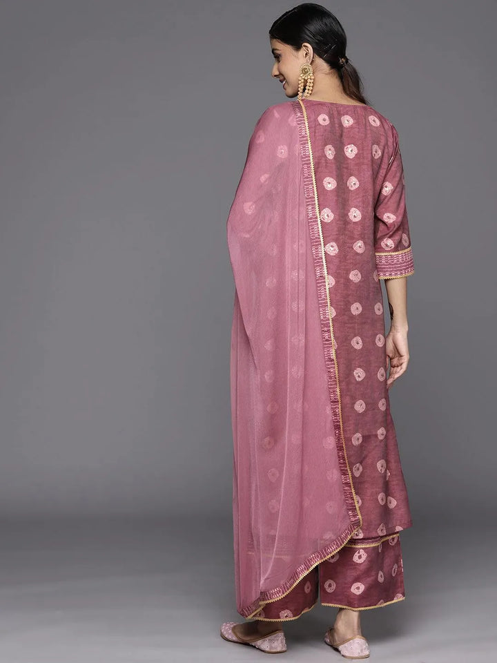 Mauve Printed Silk Blend Straight Suit Set With Palazzos - Libas