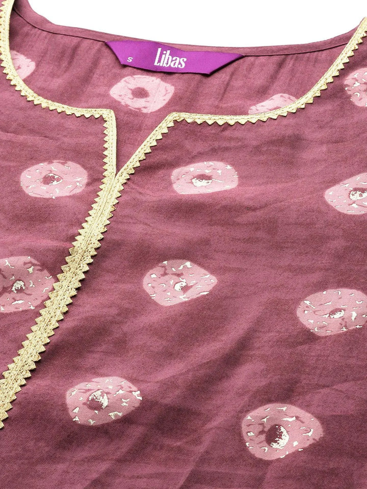 Mauve Printed Silk Blend Straight Suit Set With Palazzos - Libas