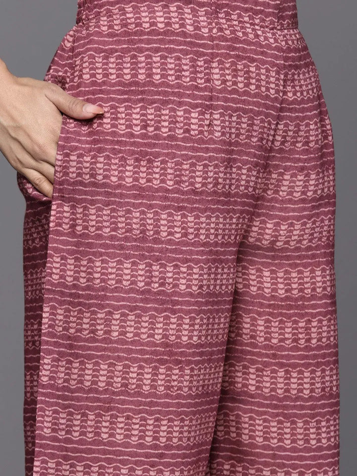 Mauve Printed Silk Blend Straight Suit Set With Palazzos - Libas