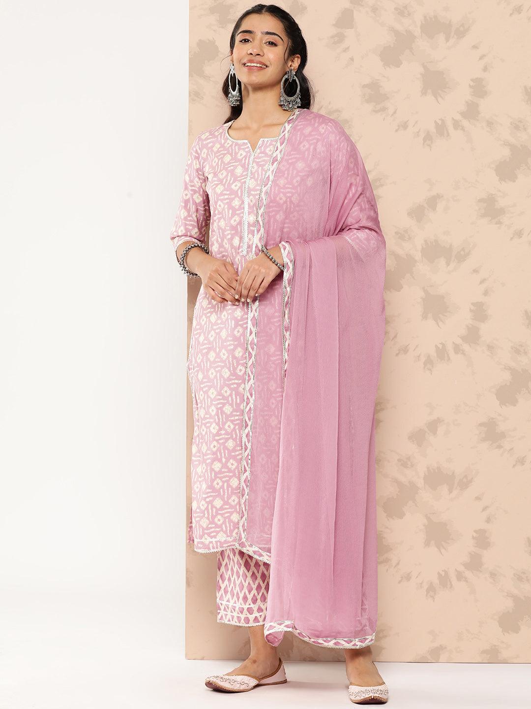 Mauve Printed Silk Blend Straight Kurta With Trousers and Dupatta - Libas