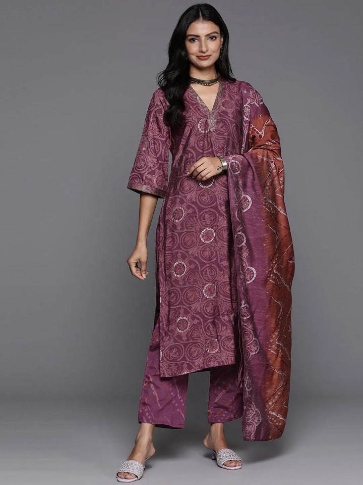 Mauve Printed Silk Blend Straight Kurta With Trousers & Dupatta - Libas