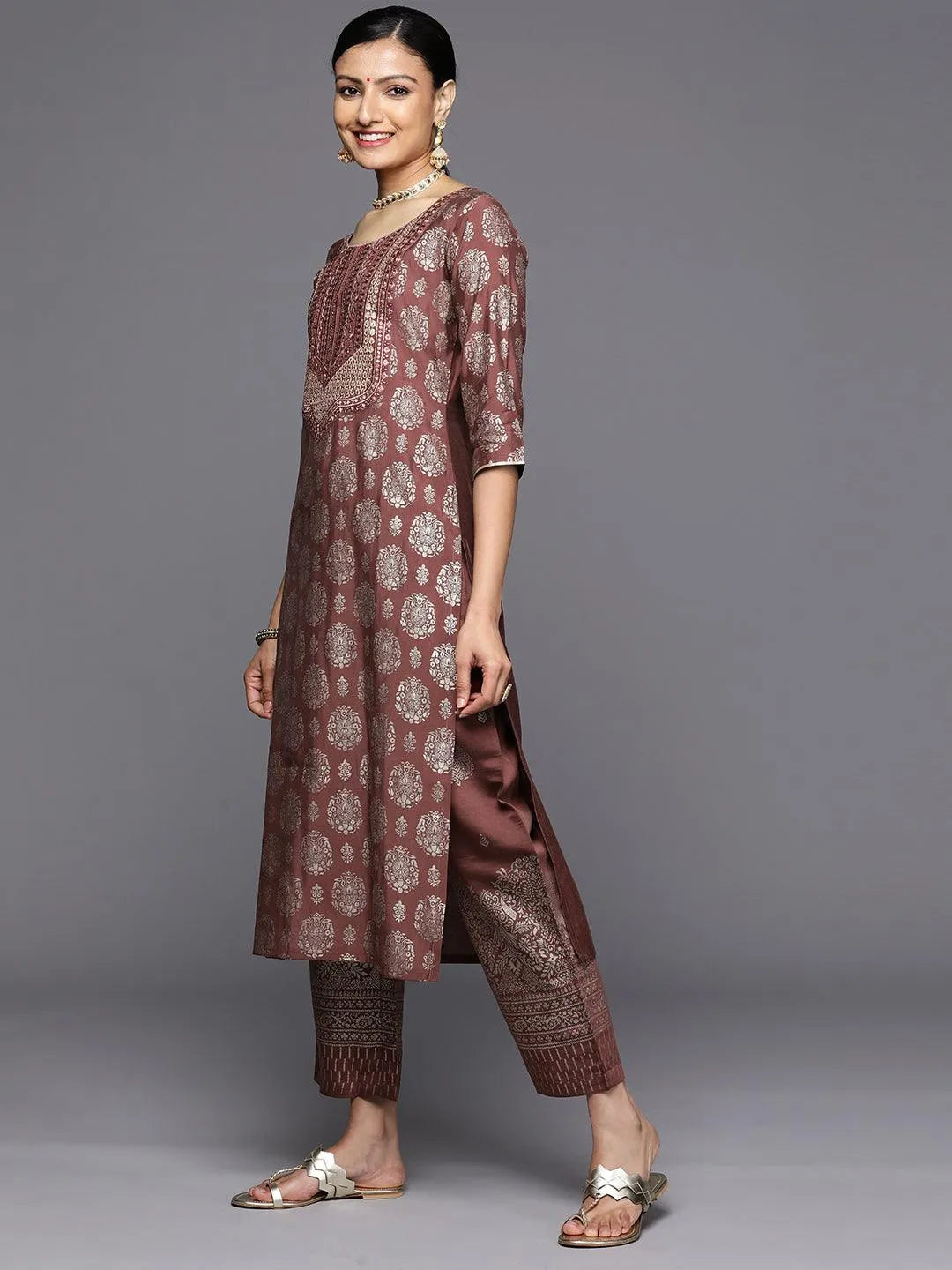 Mauve Printed Silk Blend Straight Kurta With Trousers & Dupatta - Libas 