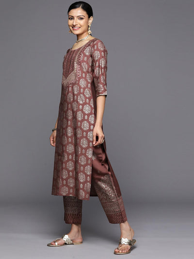 Mauve Printed Silk Blend Straight Kurta With Trousers & Dupatta - Libas