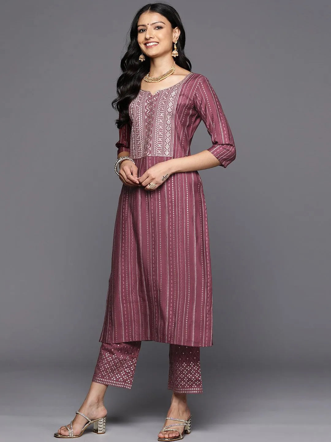 Mauve Printed Silk Blend Straight Kurta With Trousers & Dupatta - Libas