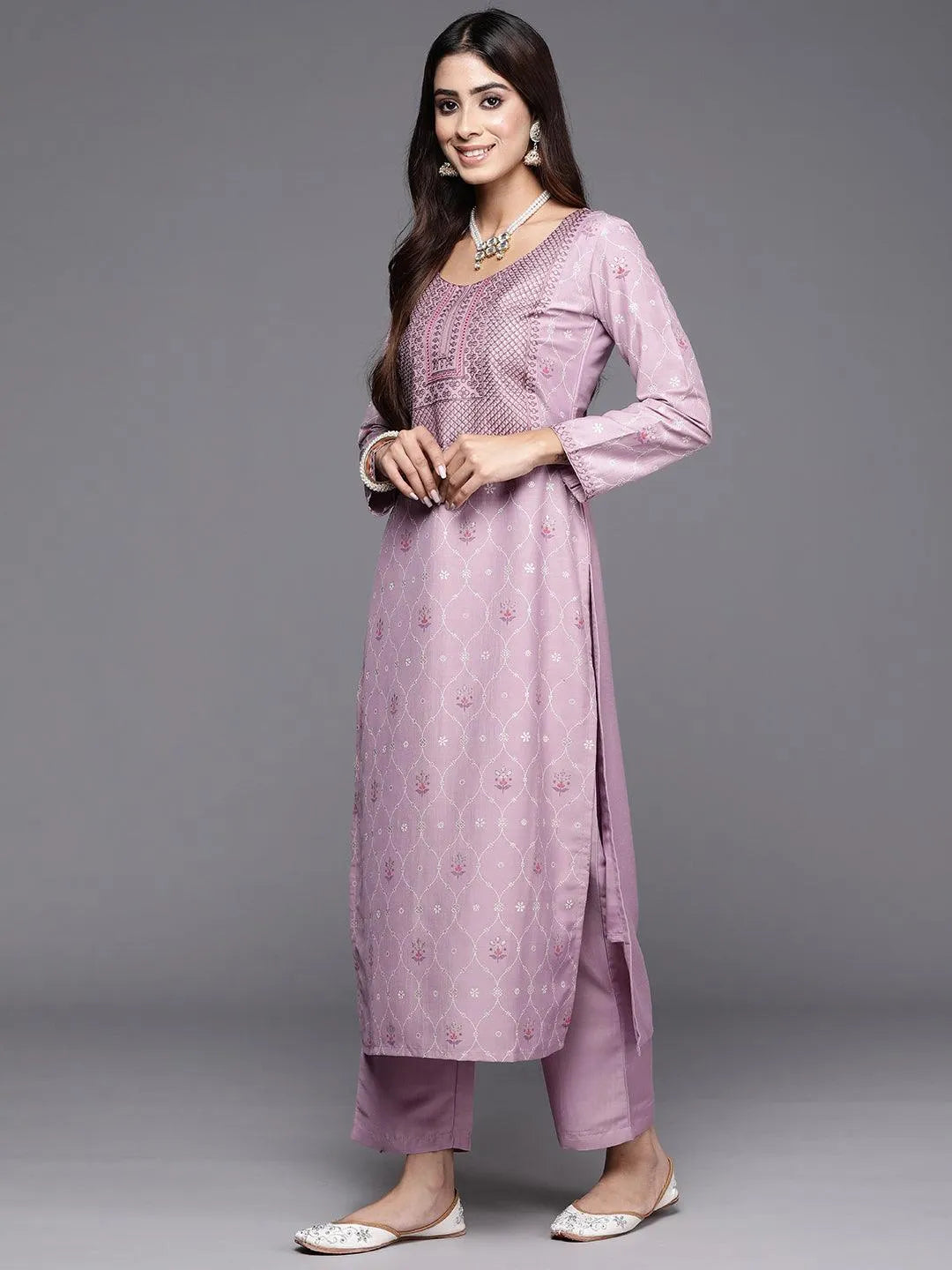 Mauve Printed Silk Blend Straight Kurta With Trousers & Dupatta - Libas 