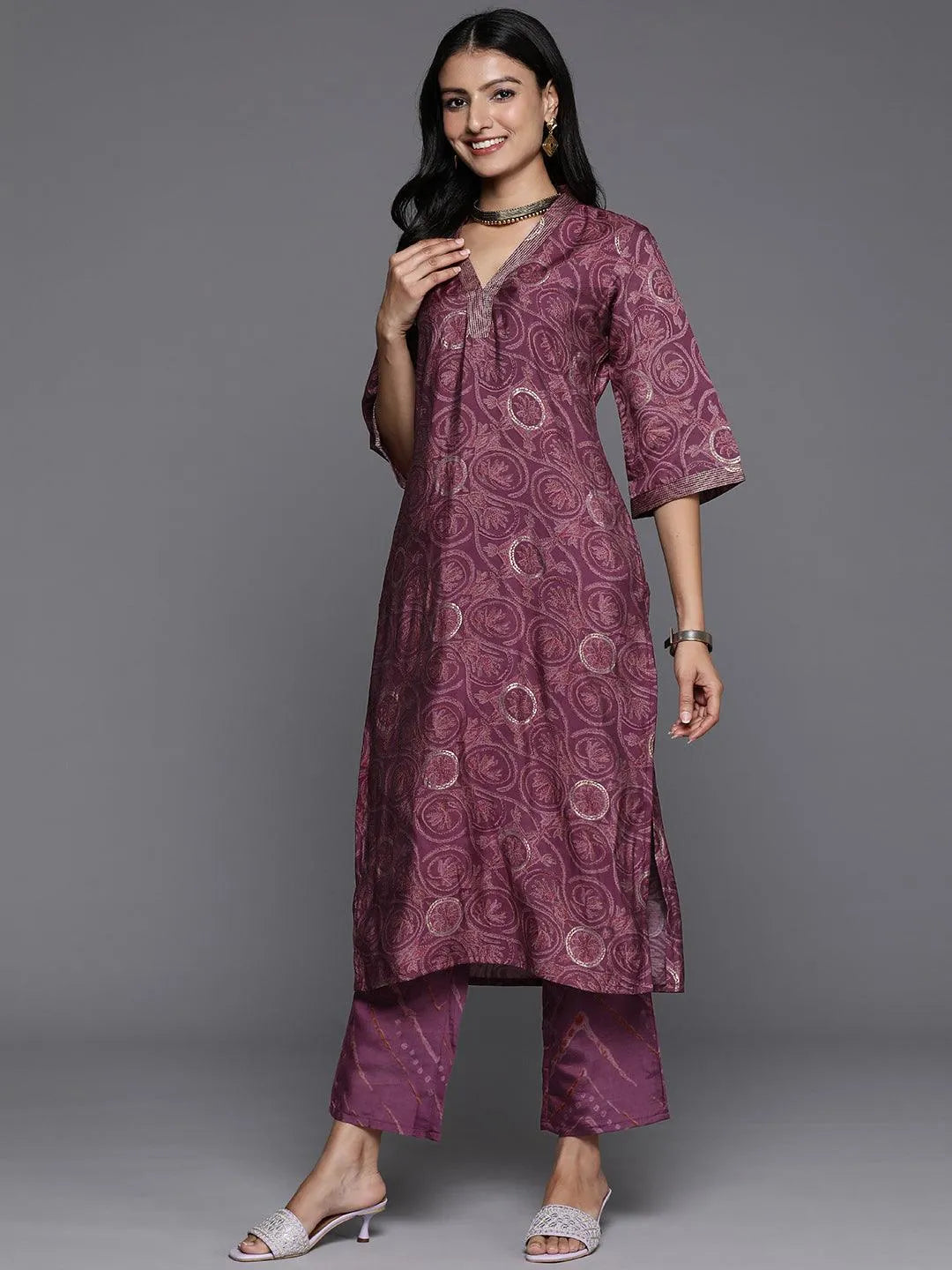 Mauve Printed Silk Blend Straight Kurta With Trousers & Dupatta - Libas 