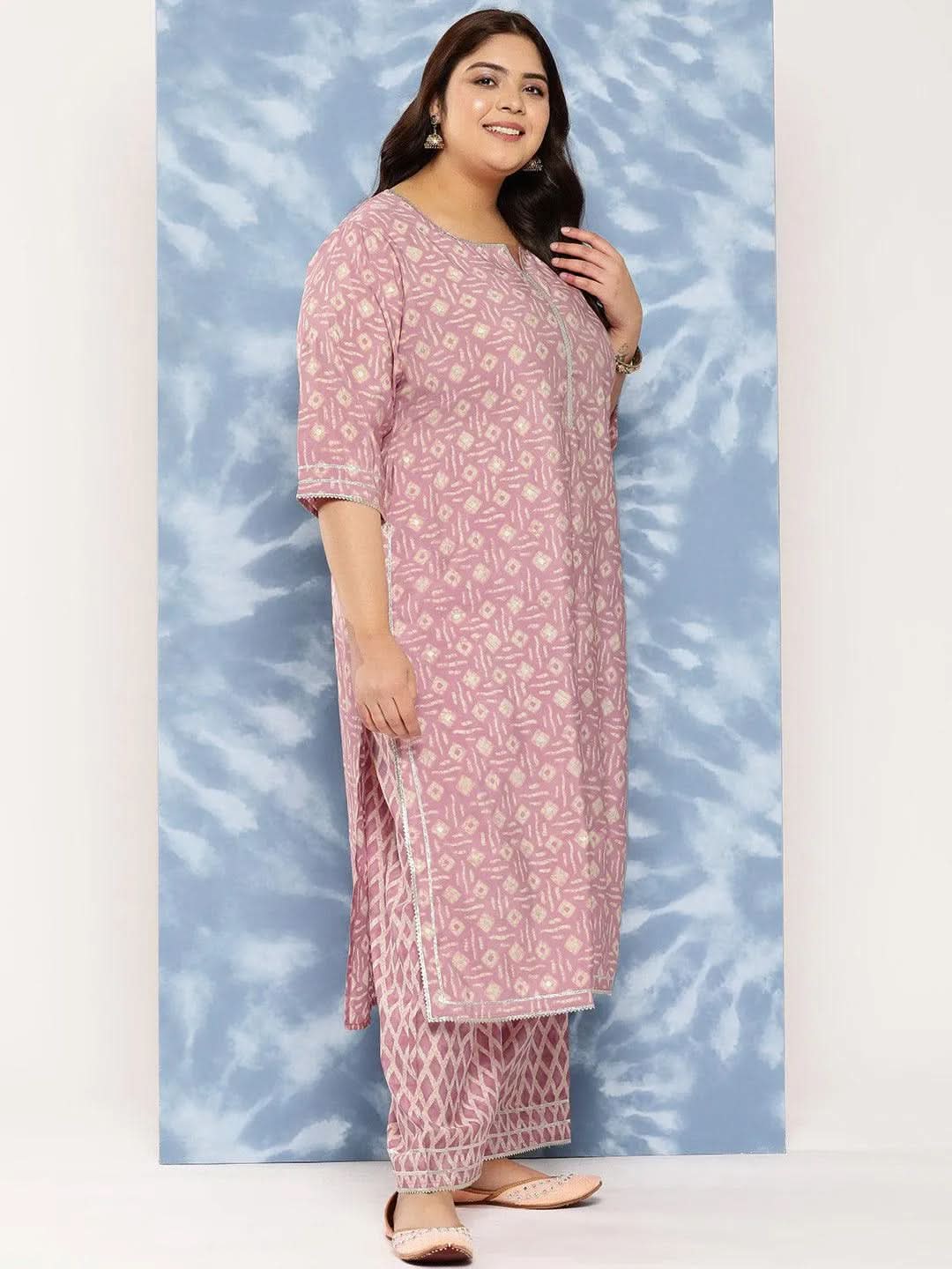 Mauve Printed Silk Blend Straight Kurta With Trousers and Dupatta - Libas 