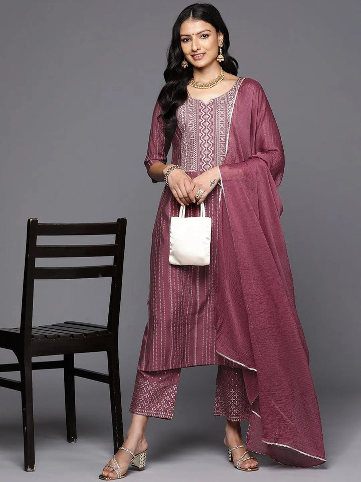 Mauve Printed Silk Blend Straight Kurta With Trousers & Dupatta - Libas