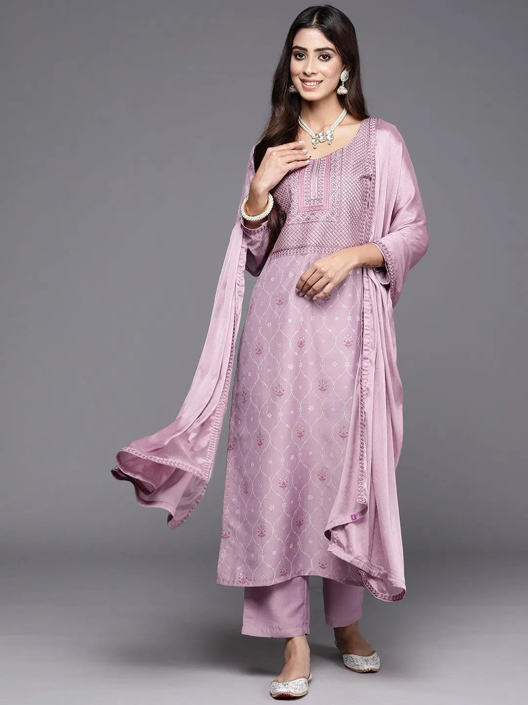 Mauve Printed Silk Blend Straight Kurta With Trousers & Dupatta - Libas 