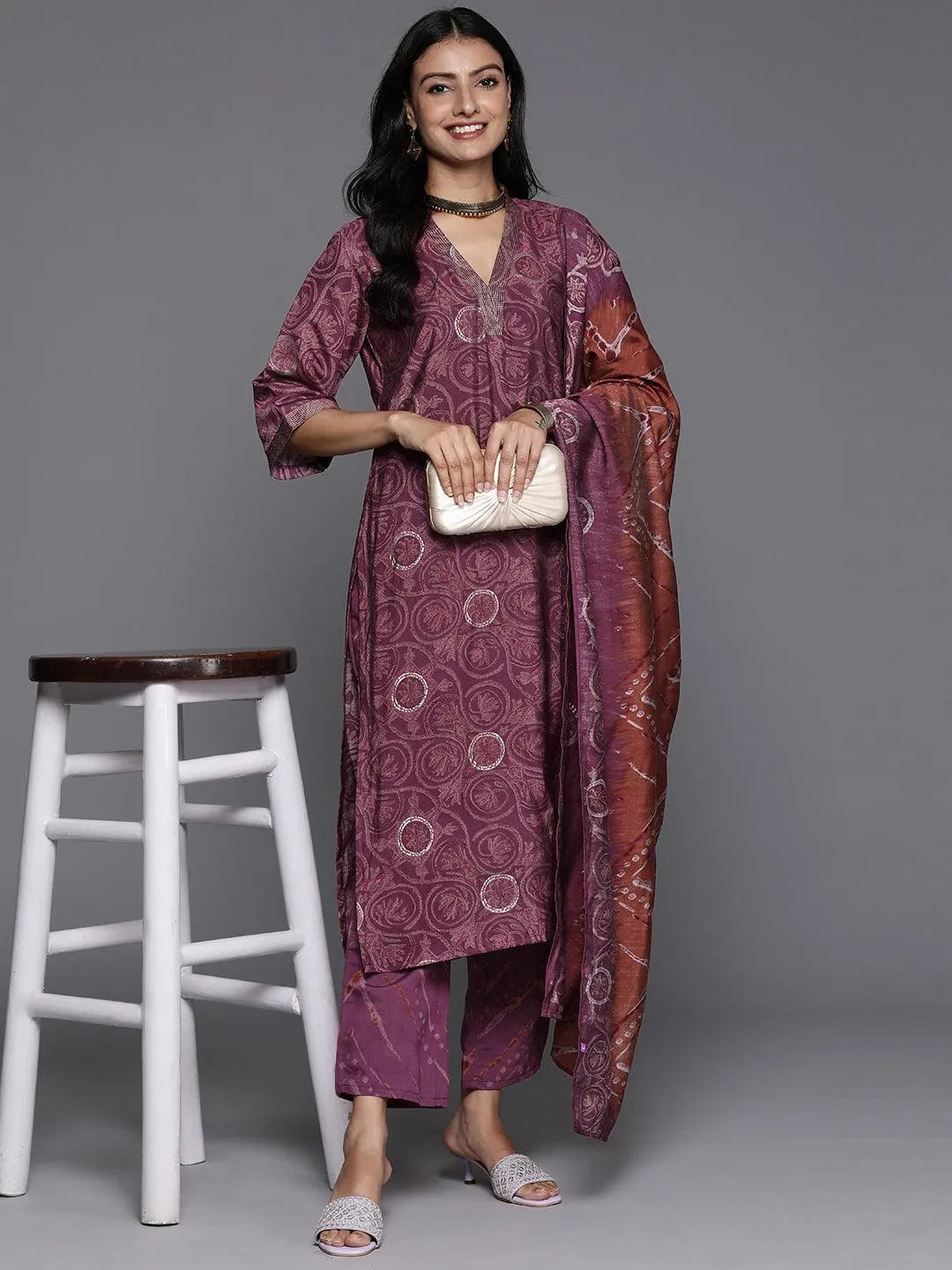 Mauve Printed Silk Blend Straight Kurta With Trousers & Dupatta - Libas 